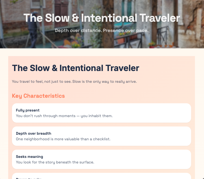 Voyami — a travel persona reveal, 'The Slow & Intentional Traveler', with key characteristics