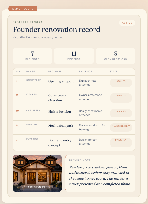 Brickami — a demo renovation decision record with a decisions table, state badges, and a record note